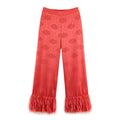 Front flat lay coral red jacquard wide leg trousers, V front waistband, full elastic gathered back waist, long fluffy tassel fringe hem, allover peony embossed satin fabric