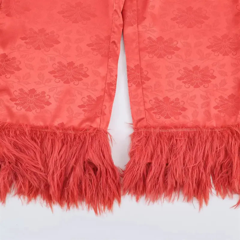 Full ankle hem overview double side long fluffy tassel fringe, matching coral red jacquard base fabric