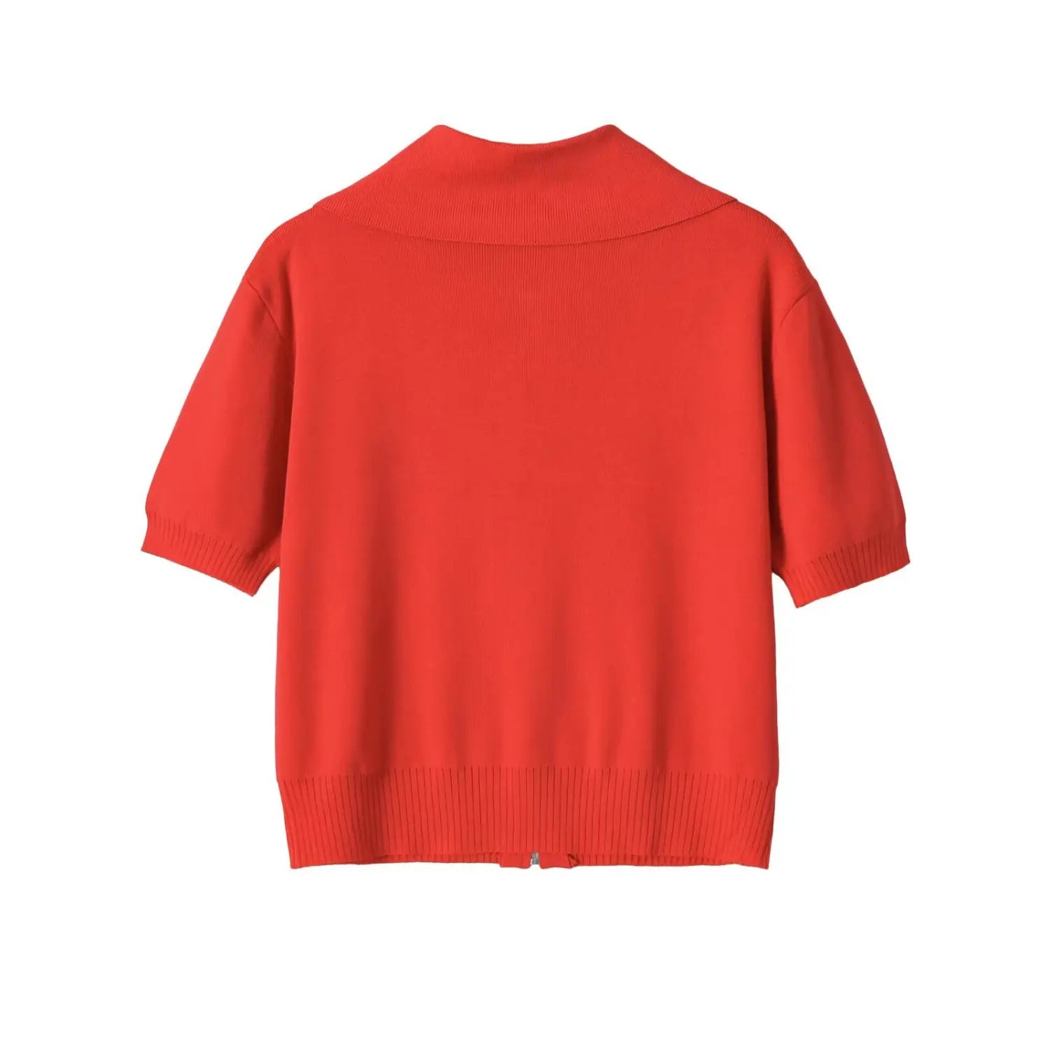 Full back view on white background of the coral red zip-up collared knit top