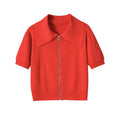 Full front view on white background of the coral red zip-up collared short sleeve knit top