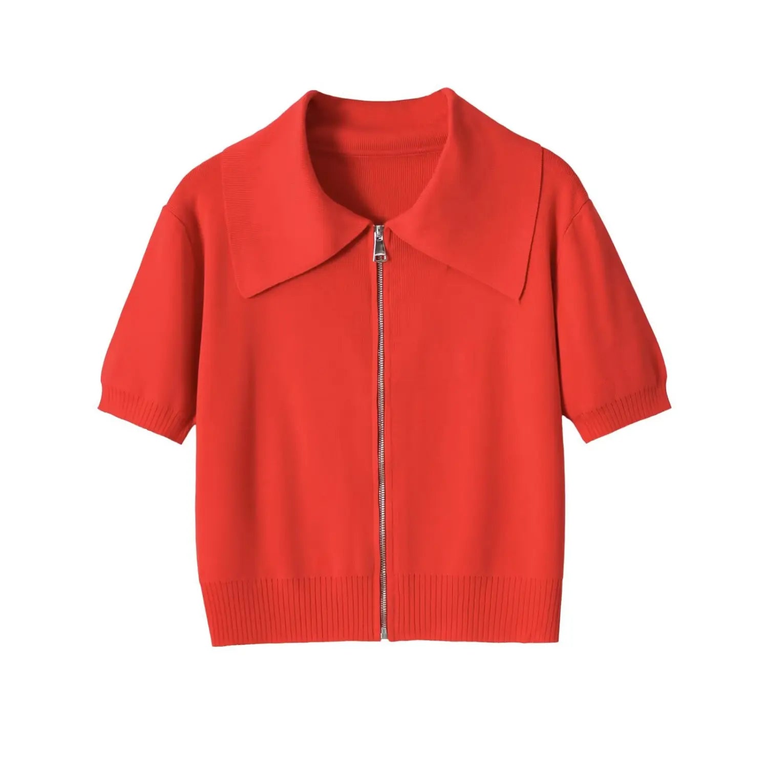 Full front view on white background of the coral red zip-up collared short sleeve knit top