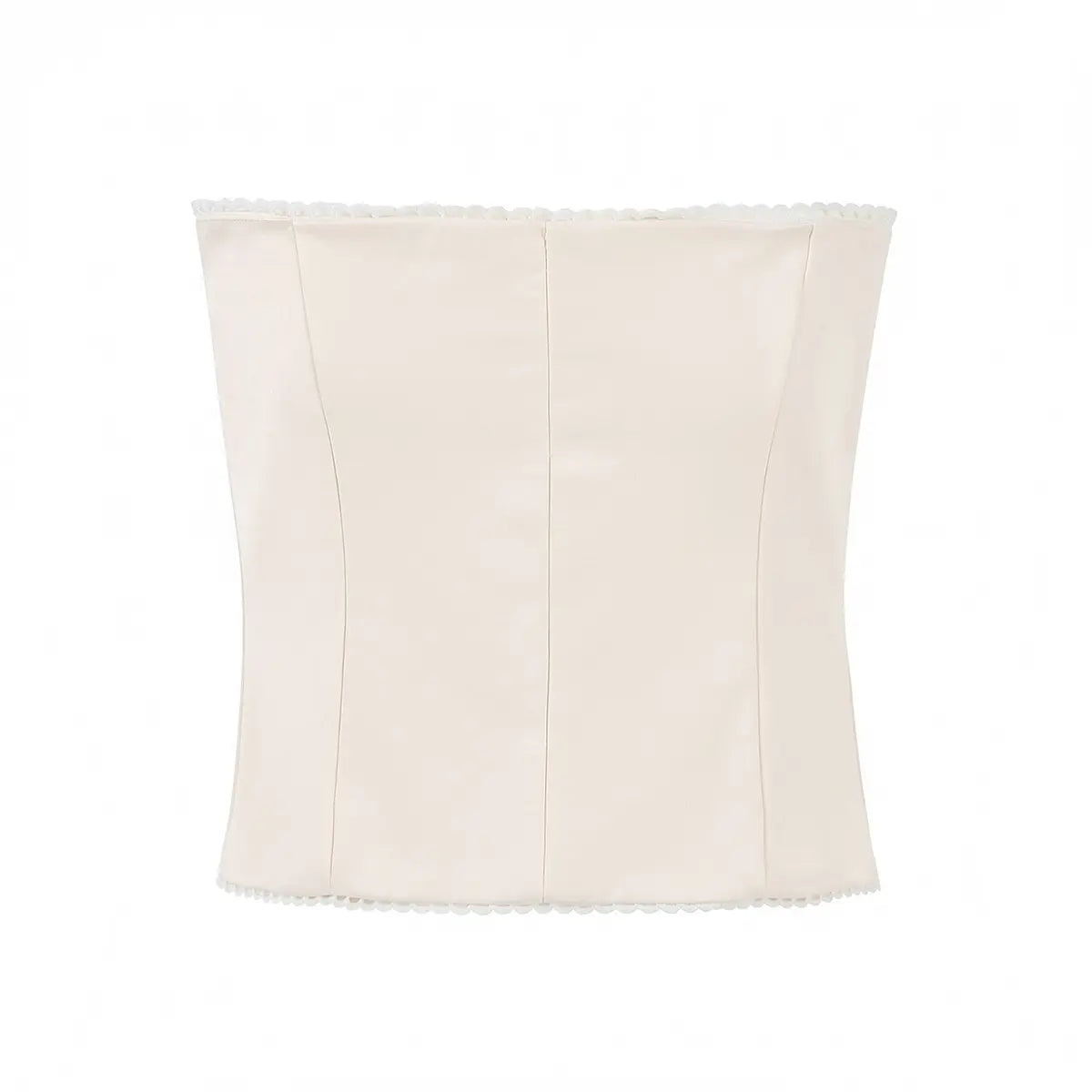 Back view of beige floral corset top, showing clean seams and lace trim at the top and bottom edges.