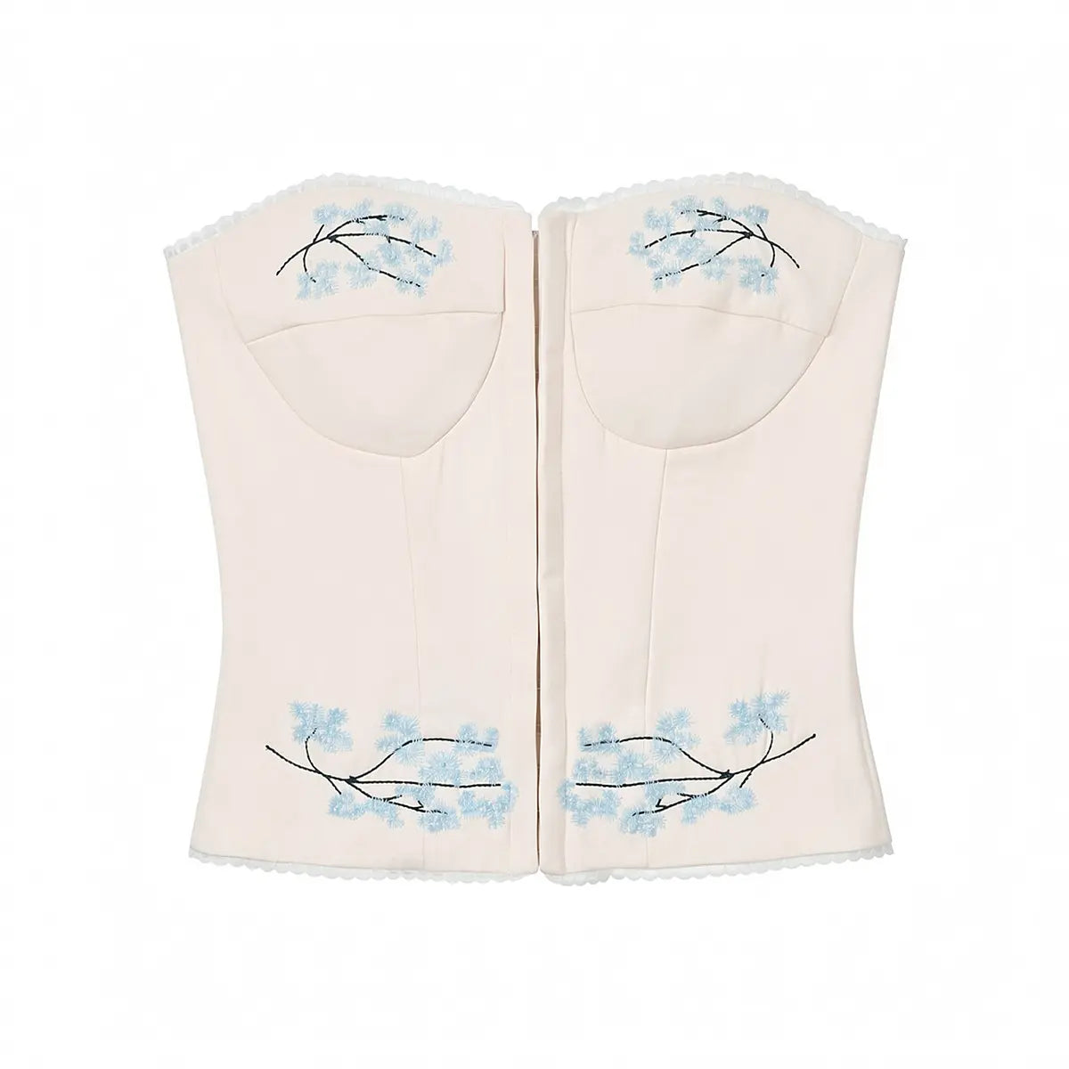 Full front view of beige satin corset top with blue floral embroidery, strapless bustier design for party wear.