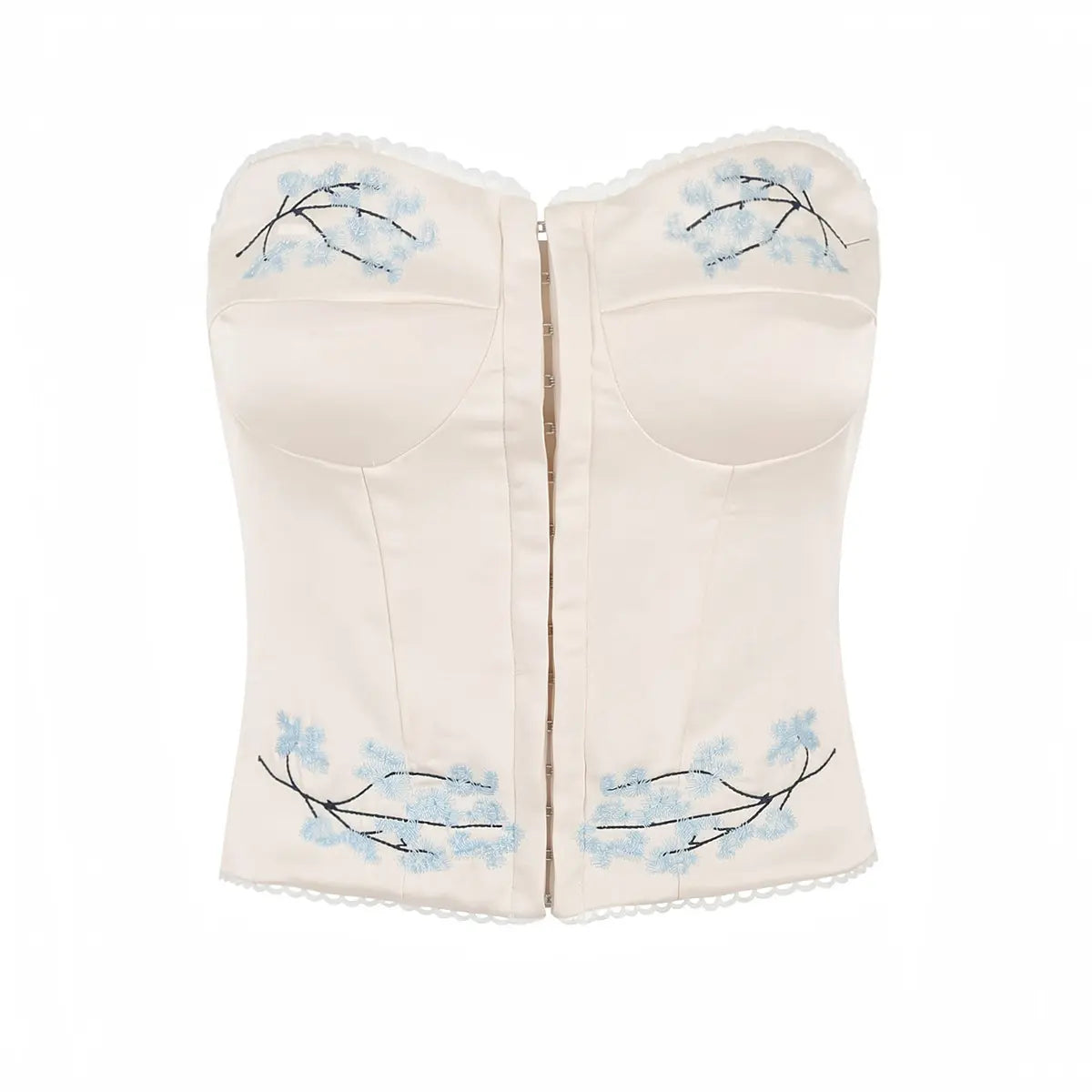 Full front studio shot of beige satin strapless corset top with blue floral embroidery and lace trim.