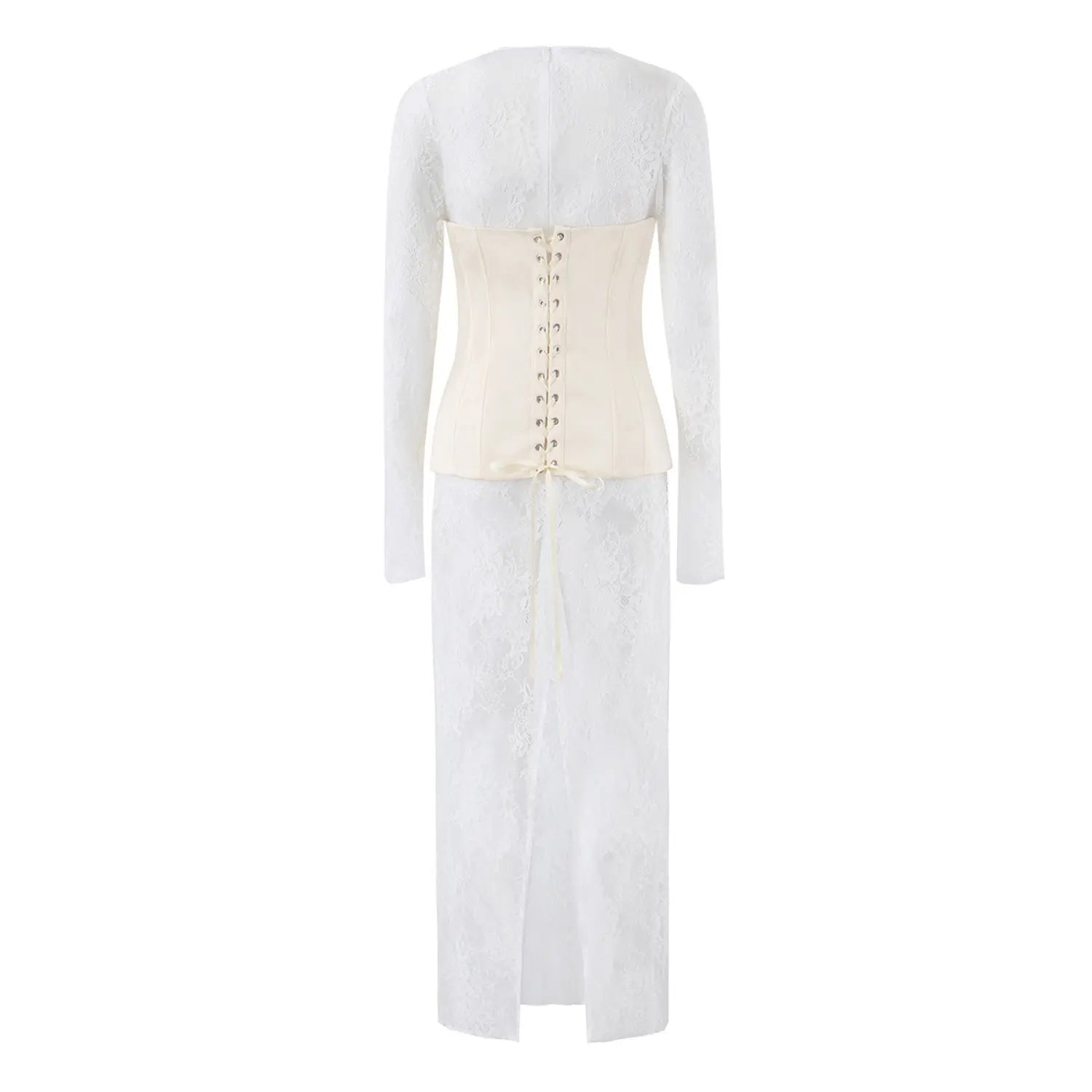 Back view of cream bow corset white lace maxi dress, lace‑up corset back, long lace sleeves, back slit on floor‑length lace maxi skirt