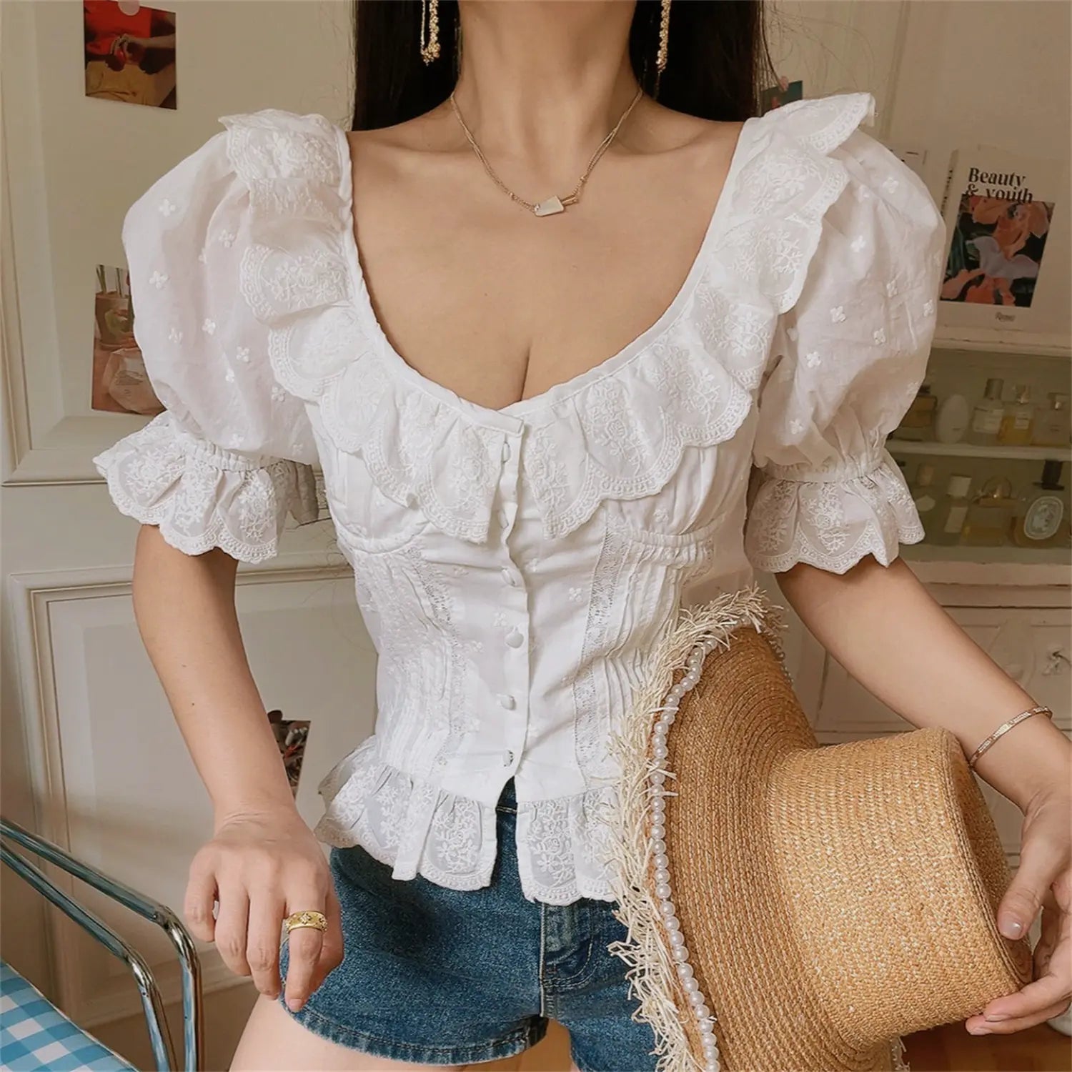 Bust waist close up white embroidered cotton corset top, vertical lace ruched panel, bubble puff short sleeve ruffle hem shirt