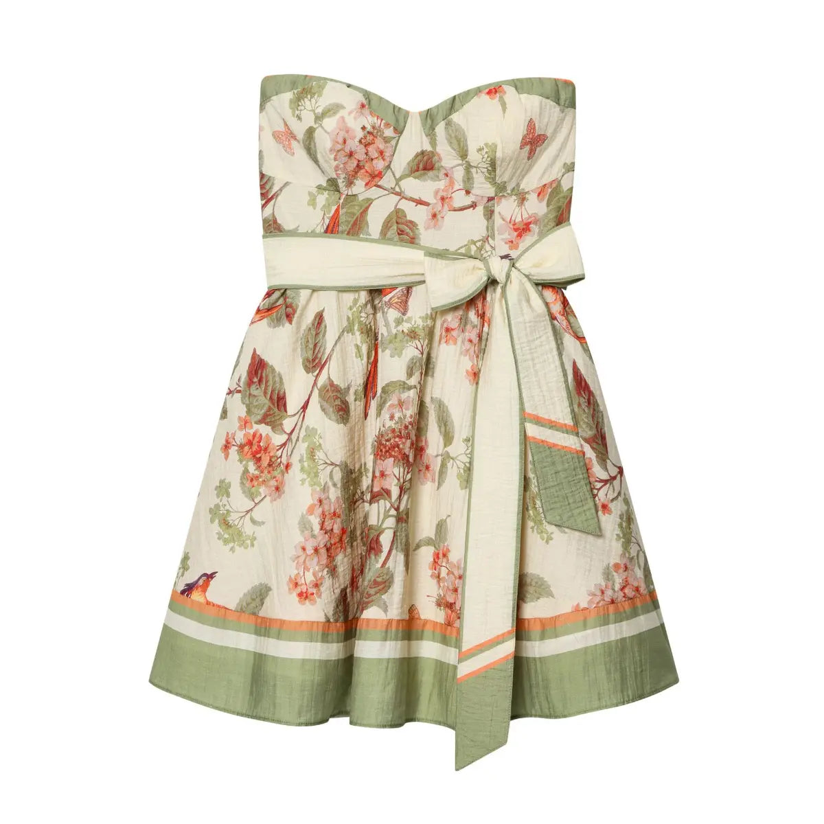 Full front white background product photo, cream base vintage flower bird butterfly print strapless sundress with wrap sash belt and A-line flare skirt.
