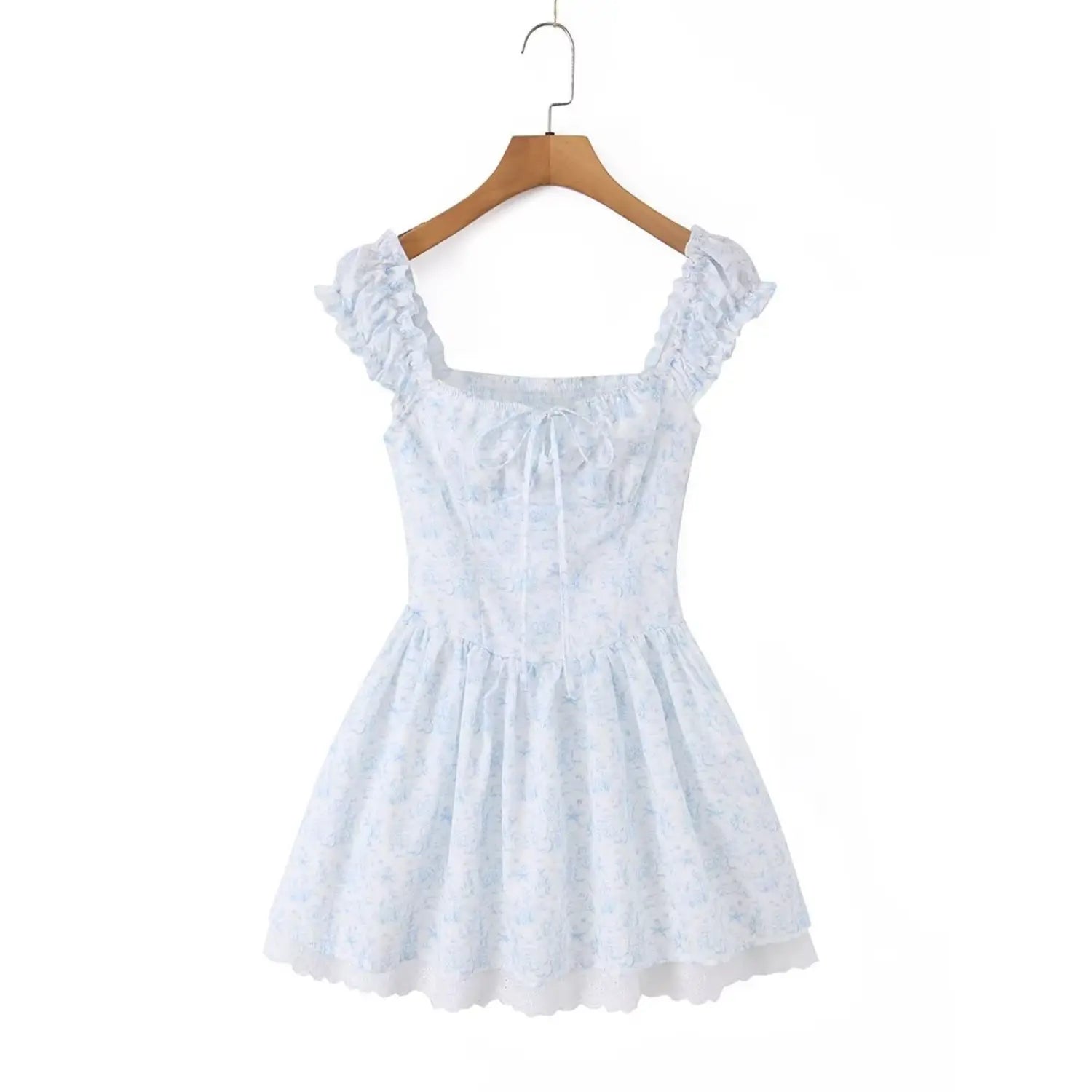Front full flat lay sweet cami mini dress, white base light blue sketch rabbit botanical print, square neck with front self tie ribbon bow, ruffled elastic shoulder straps, fitted bust, flared skirt with lace underslip, casual summer sundress