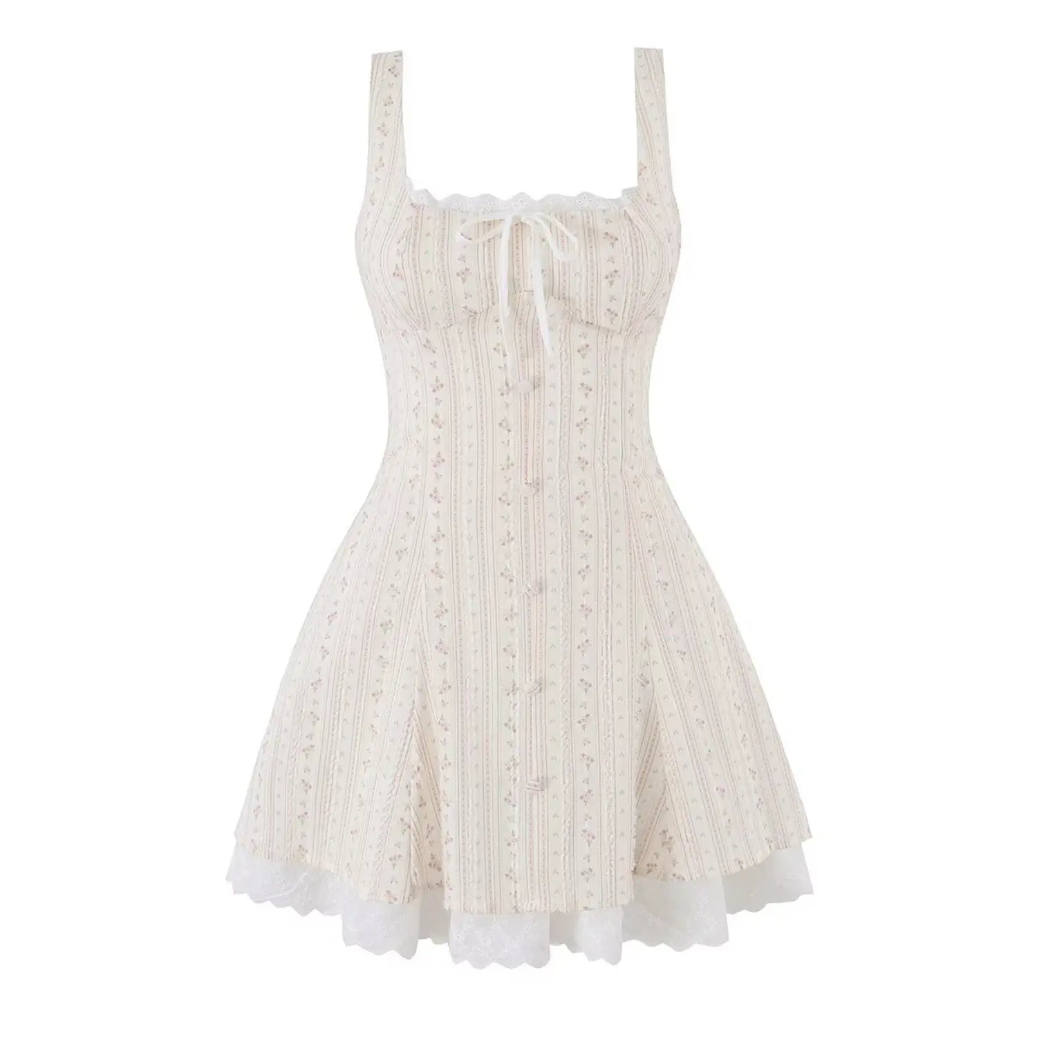 Front full flat lay vintage floral cami mini dress, off-white base vertical stripe tiny pink flower print, eyelet lace square neck, front self tie ribbon bow, vertical faux button placket, flared skirt with scalloped lace underlayer