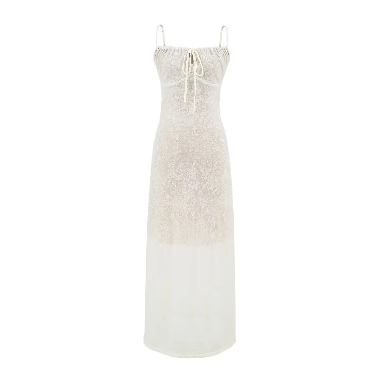 White background full front studio shot of cream jacquard slip midi dress, thin adjustable straps and front tie square neck semi-sheer mesh overlay