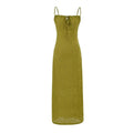 Plain white background full front shot of olive green jacquard slip midi dress, slim fitting silhouette drawstring tie square neck semi-sheer mesh overlay