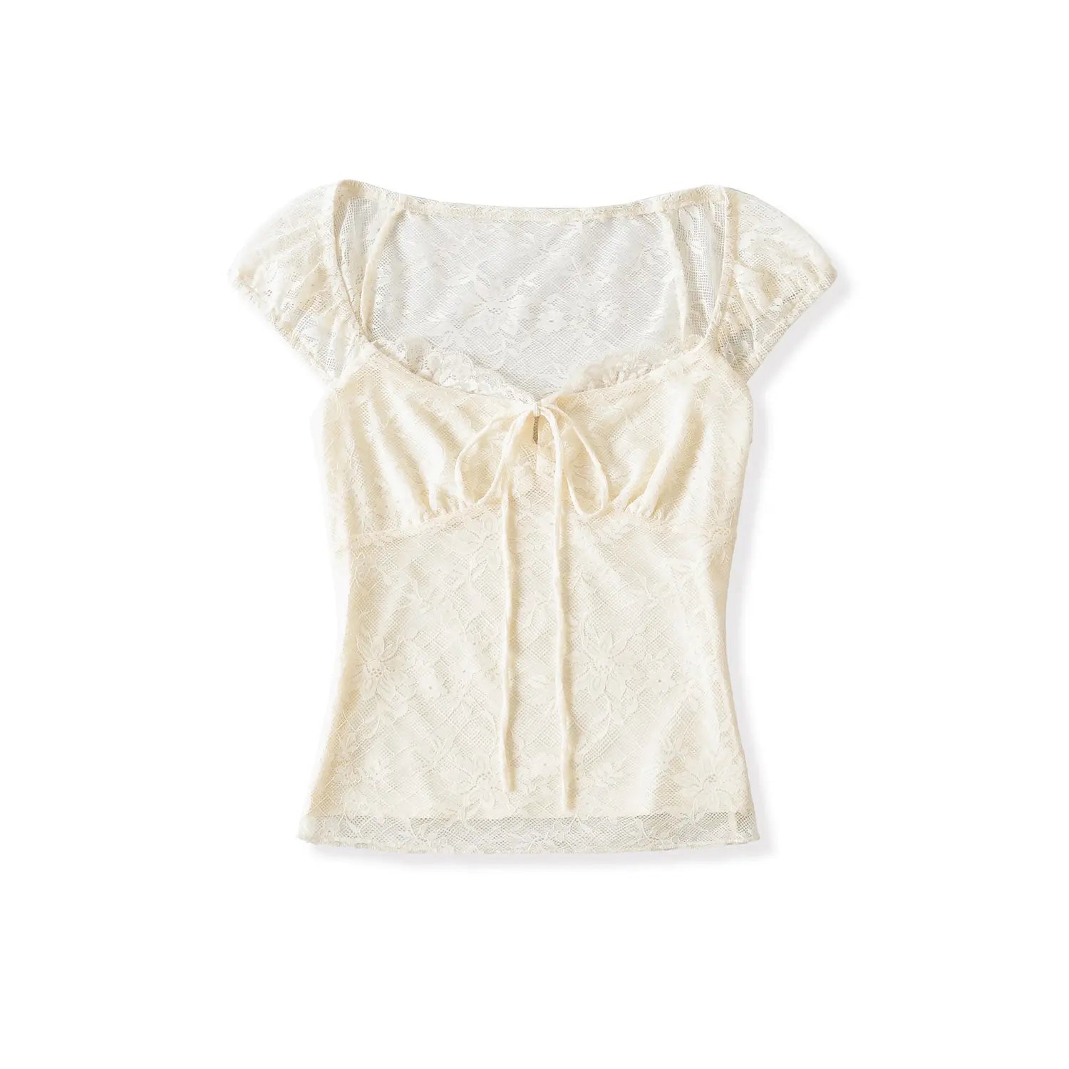 Cream apricot lace top full front white flat lay, wavy lace square neckline matching fabric front tie bow full floral lace texture puff short sleeves curved hem waist-cinched cropped silhouette full display