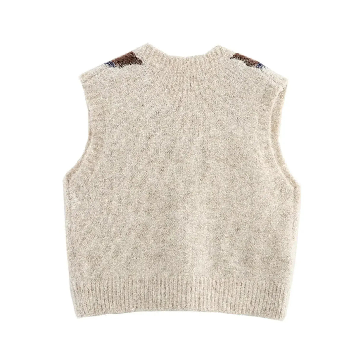 Cream fuzzy sleeveless knit vest back view, solid cream back with ribbed hem and armholes