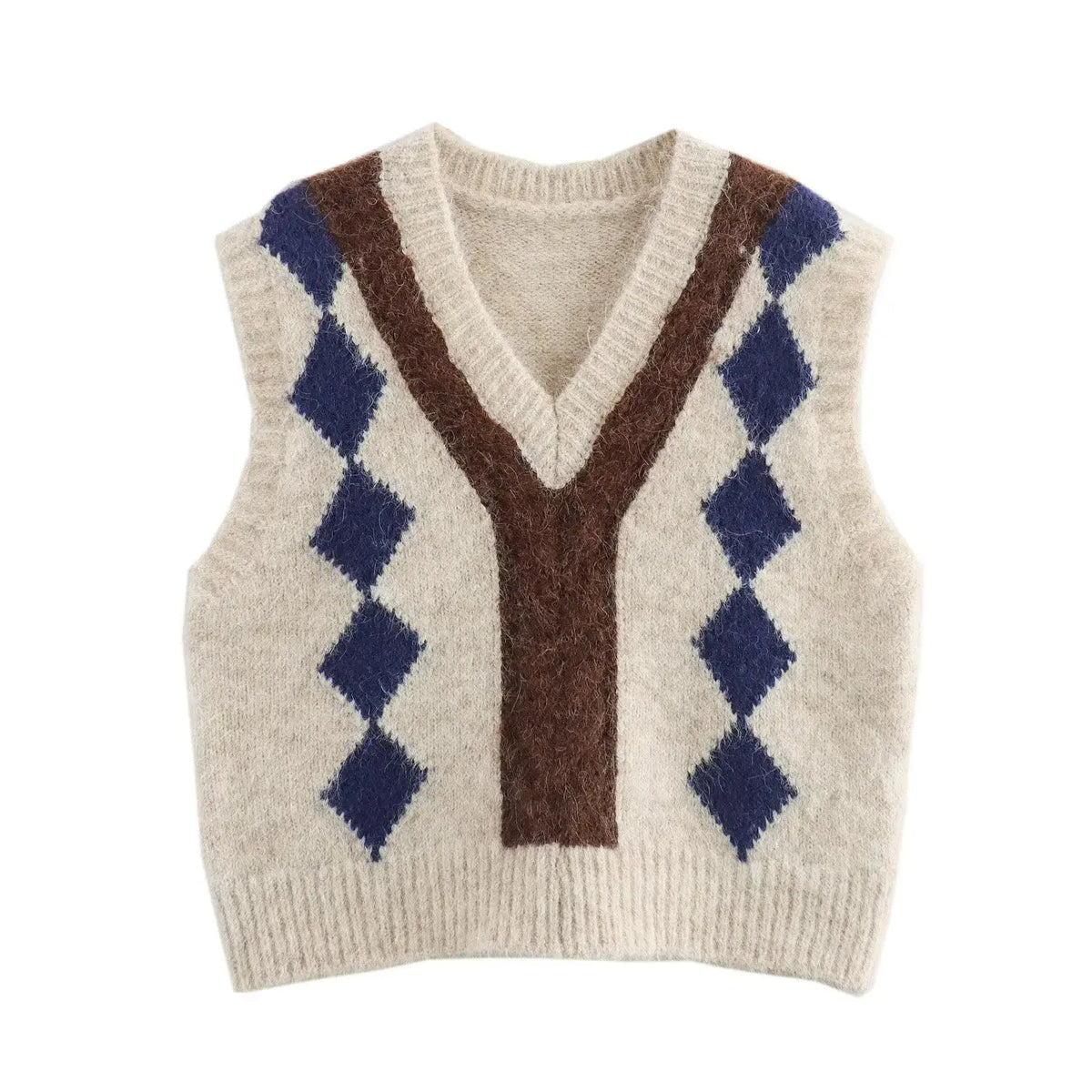 Cream fuzzy knit vest front full view, v-neck, brown Y panel and navy blue argyle diamond pattern