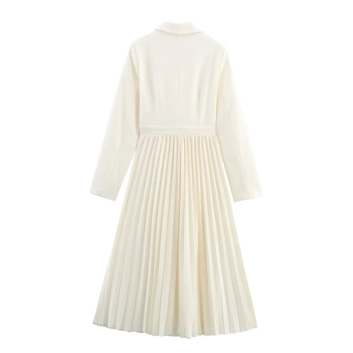 Back flat lay of cream asymmetric blazer pleated midi dress