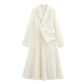Front flat lay of cream asymmetric blazer pleated midi dress