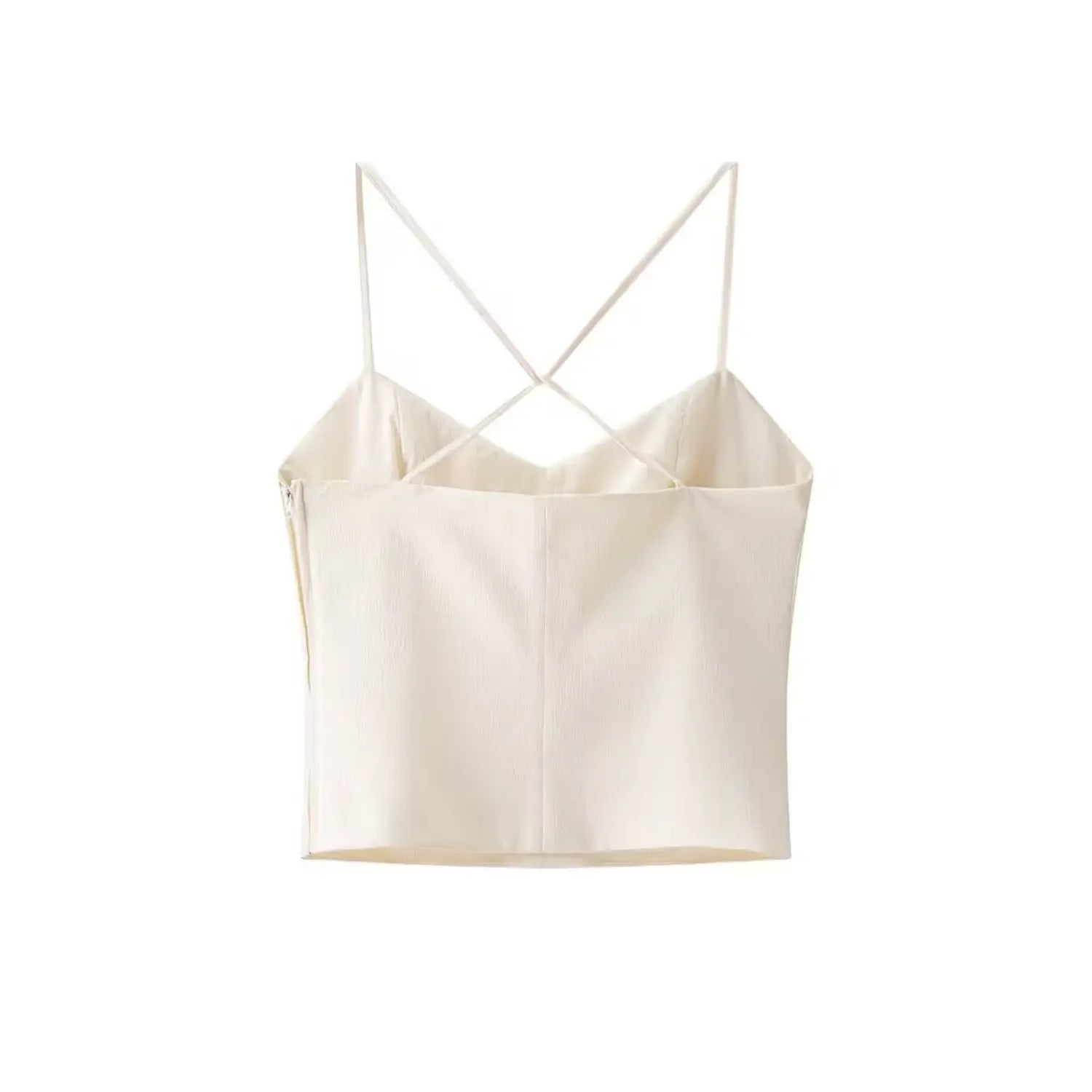 Back view cream textured fabric cropped camisole with cross spaghetti straps