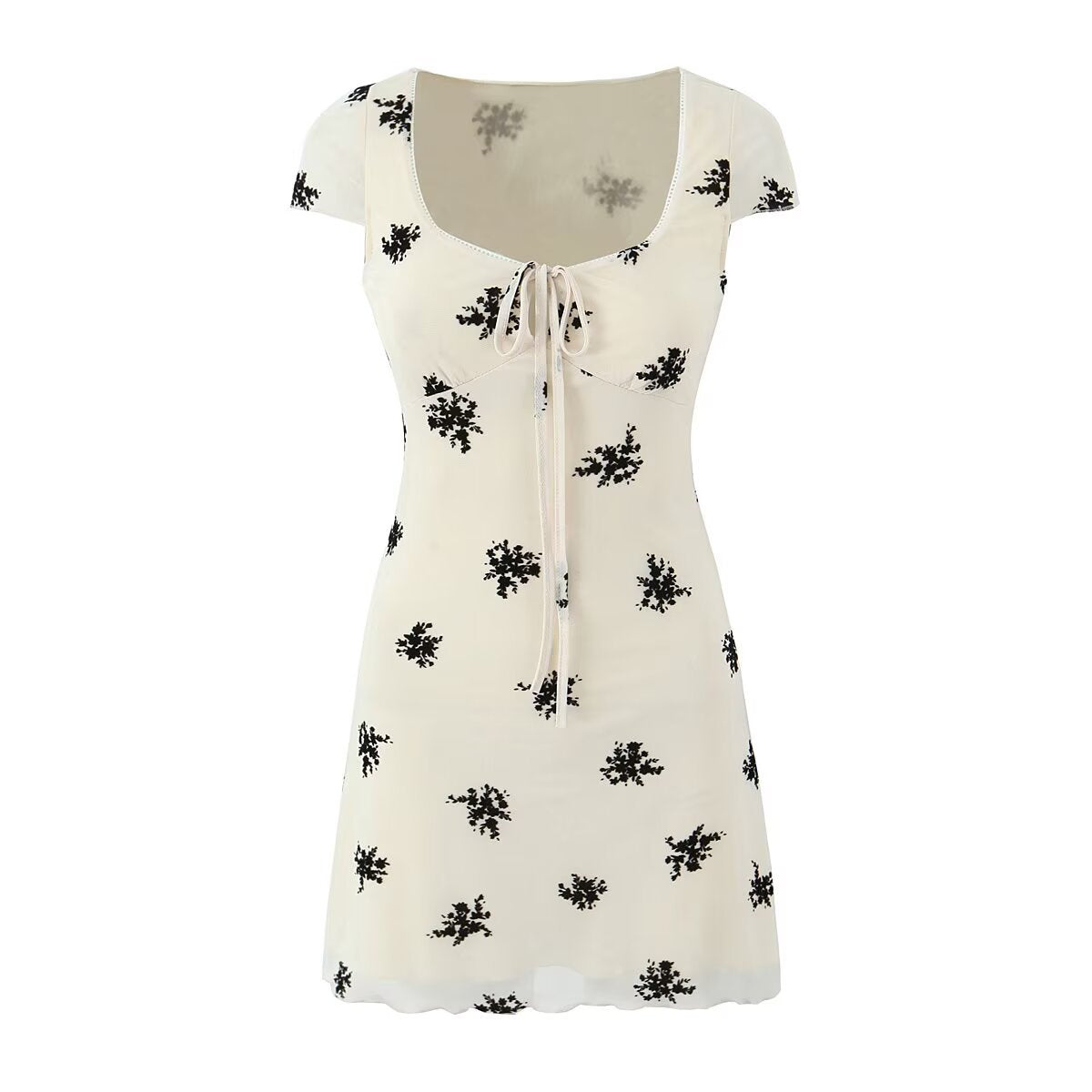Front view cream mini dress with black floral print cap sleeve square neck lace‑up bust detail