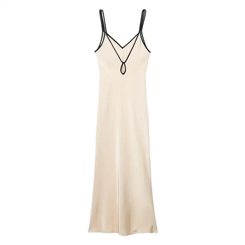 Cream Black Piping V Neck Thin Strap Satin Maxi Slip Dress – dingdingly