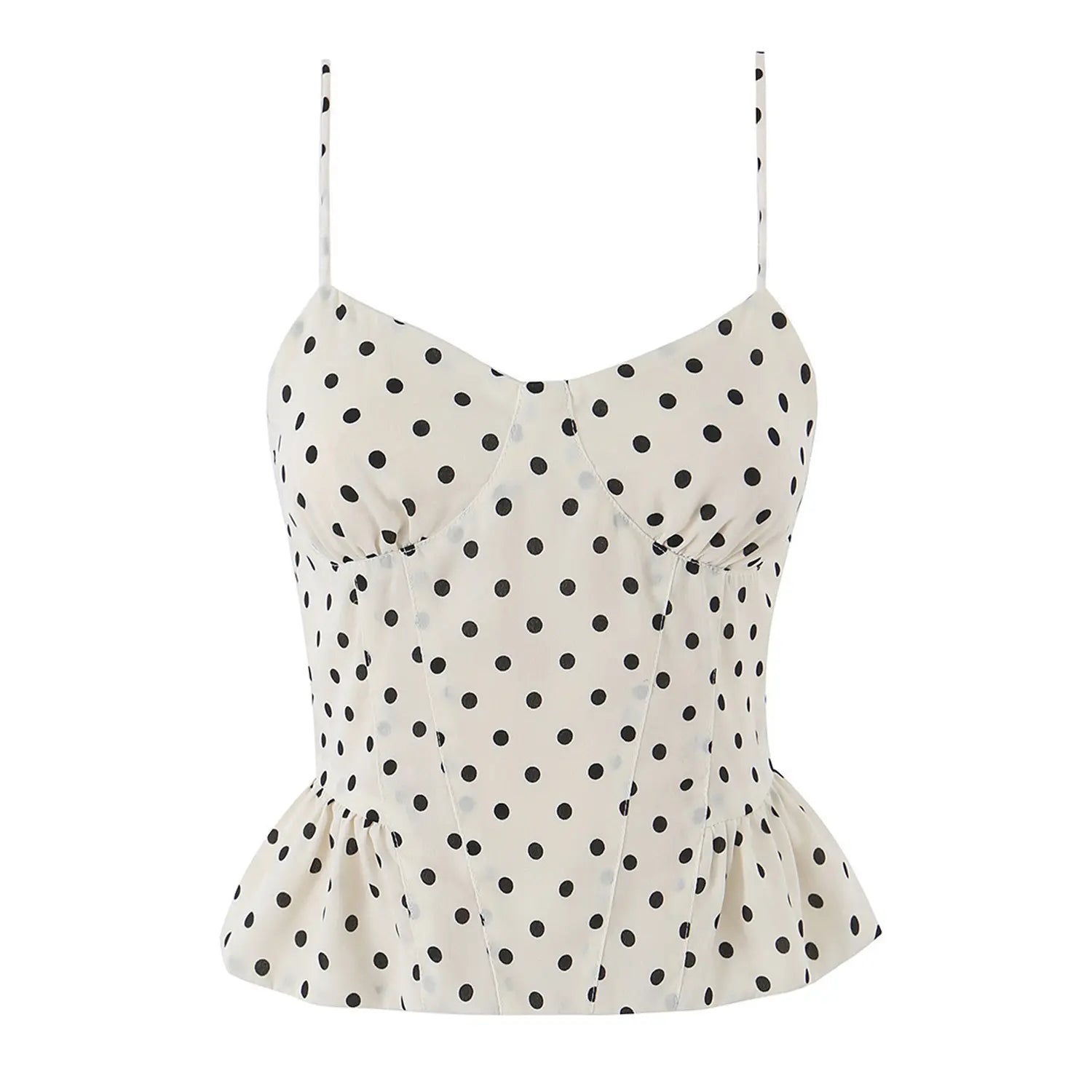 Cream black polka dot chiffon cami hem close-up, peplum ruffle spliced stitching dot printed woven fabric flat lay detail