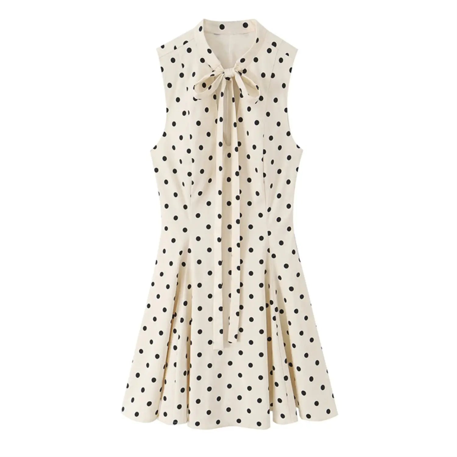 Full front flat lay main product shot, stand tie neck sleeveless mini dress, front hollow tie detail, fitted waist, full flared swing skirt, classic vintage polka dot design