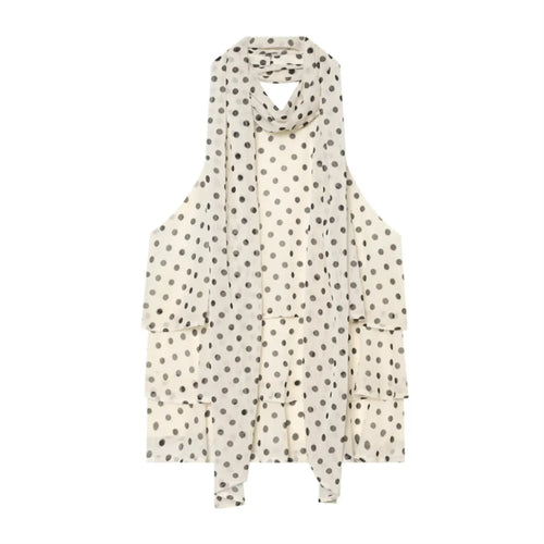 Full front flat lay off-white polka dot camisole, knotted halter neck detail, cascading multi-layer chiffon ruffles, loose relaxed fit silhouette