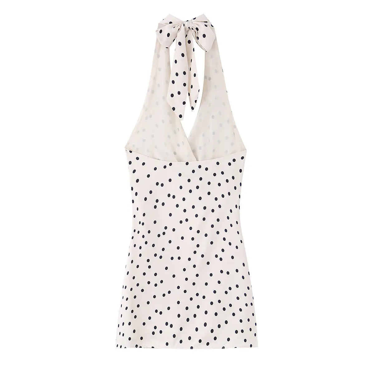 Back view of the dress, showing the tied halter neck and the open back design.