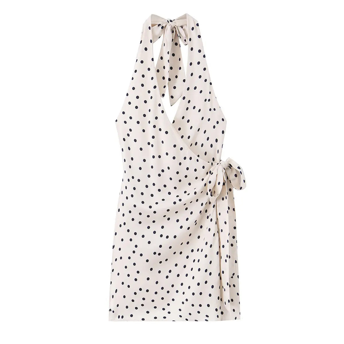 Front view of a cream halter wrap dress with black polka dots, featuring a deep V-neck, side tie, and self-tie neck bow.