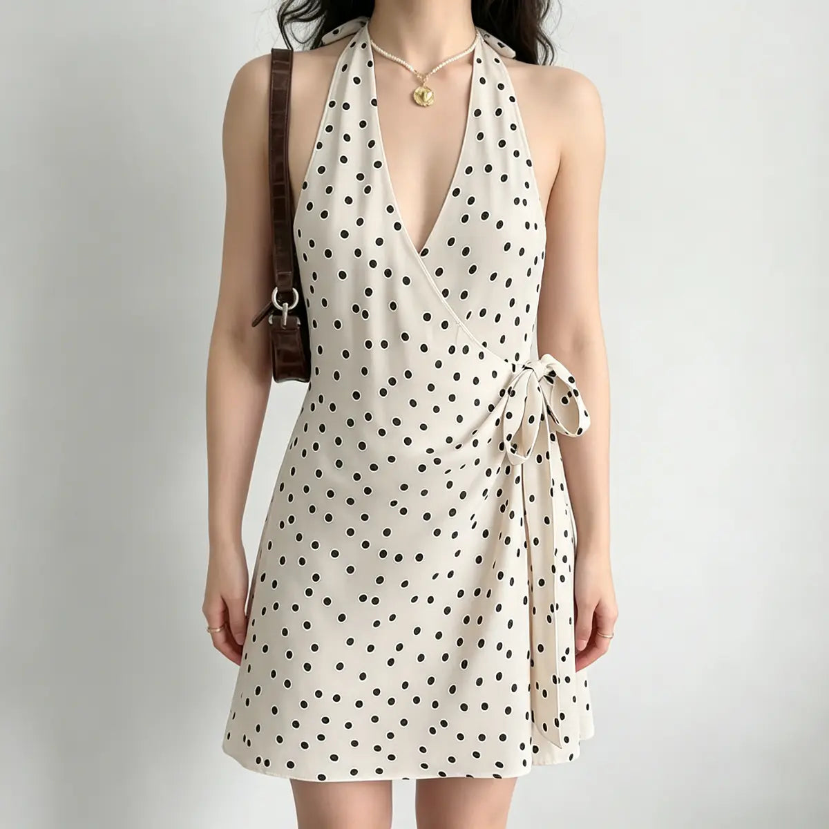 Model wearing a cream and black polka dot halter wrap mini dress with a side tie detail, carrying a brown handbag.
