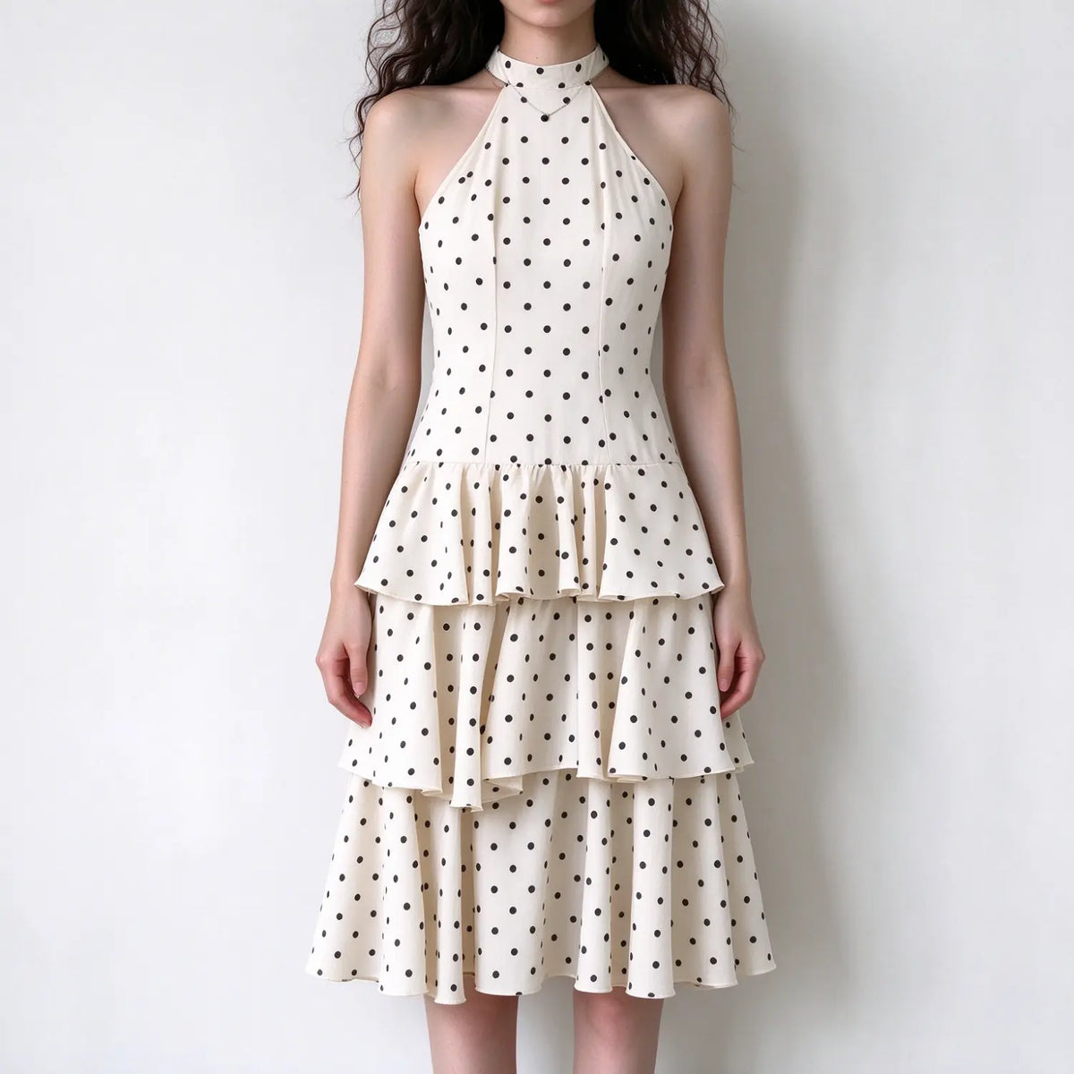 Female model front view wearing cream halter neck midi dress with black polka dots, sleeveless, multi layer ruffle tiered skirt