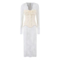 Front view of cream bow corset white lace maxi dress, long lace sleeves, sweetheart neckline, structured corset bodice, floor‑length lace maxi skirt
