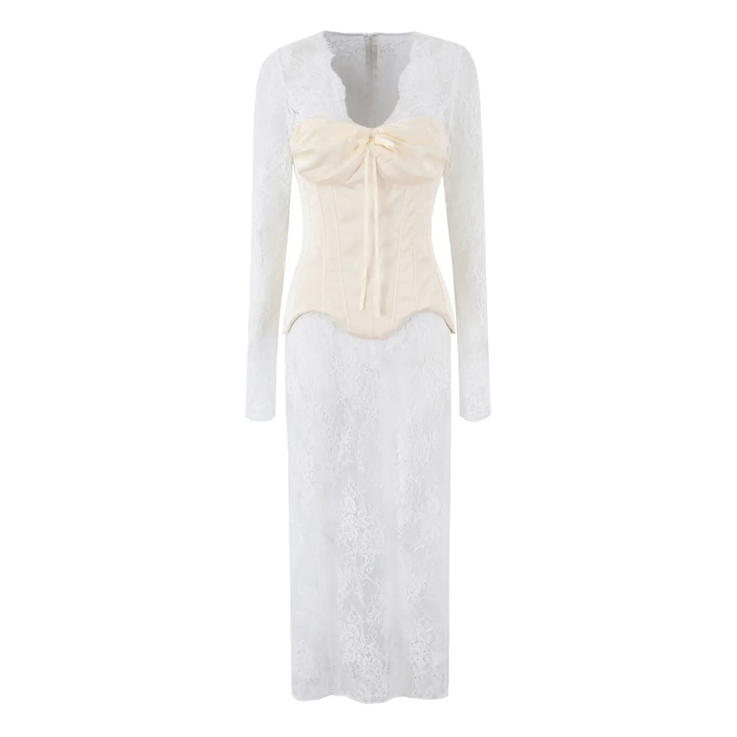 Front view of cream bow corset white lace maxi dress, long lace sleeves, sweetheart neckline, structured corset bodice, floor‑length lace maxi skirt