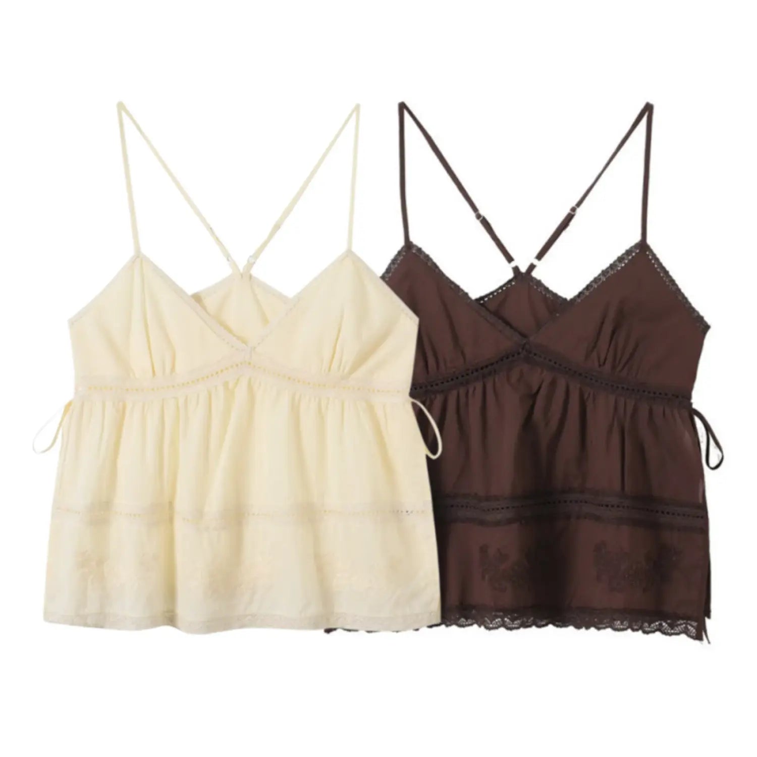 Flat lay of 2 color cami tops, cream and brown, spaghetti strap v neck lace camisole with floral embroidery