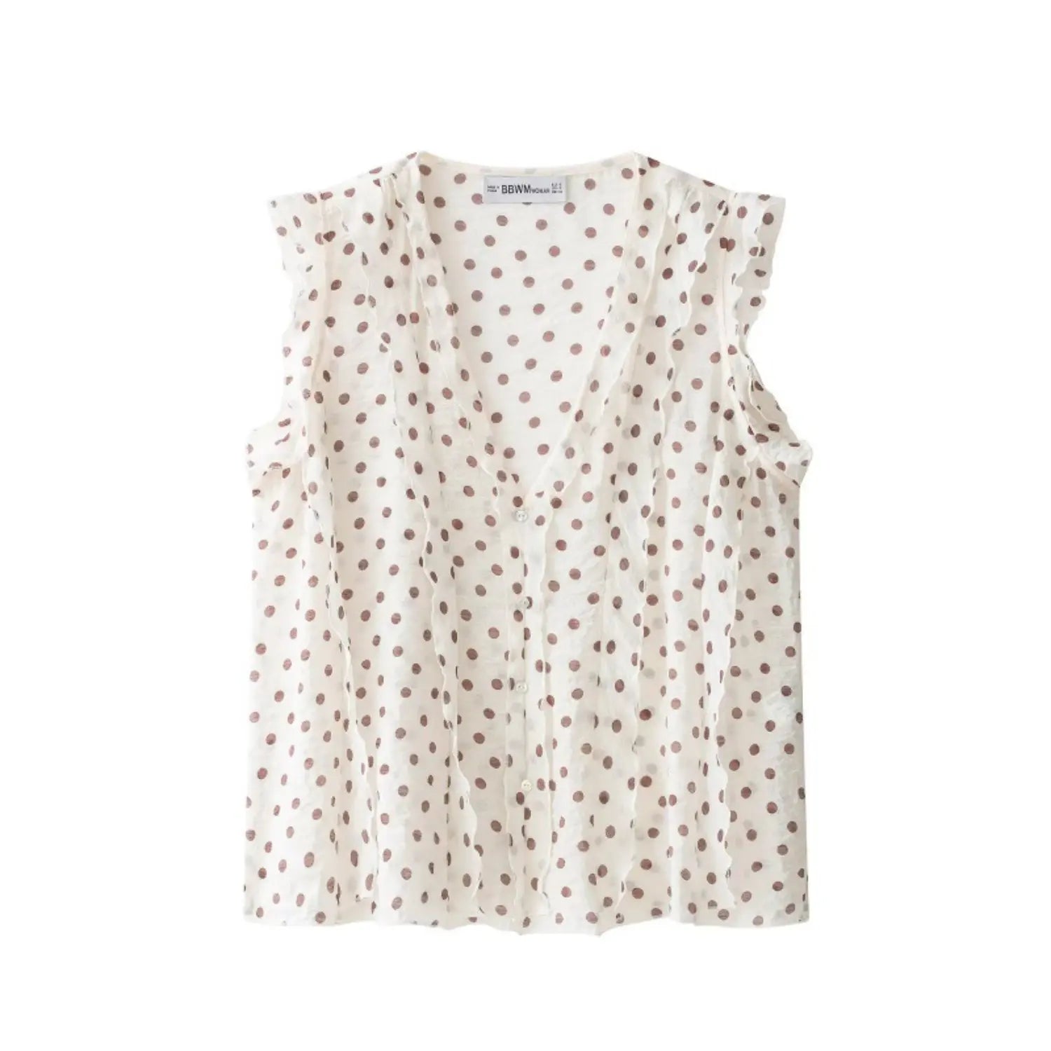 Studio white background full front shot of cream brown polka dot sleeveless blouse, deep v neck, vertical wavy ruffle trim, front shell button placket, relaxed fit cami top