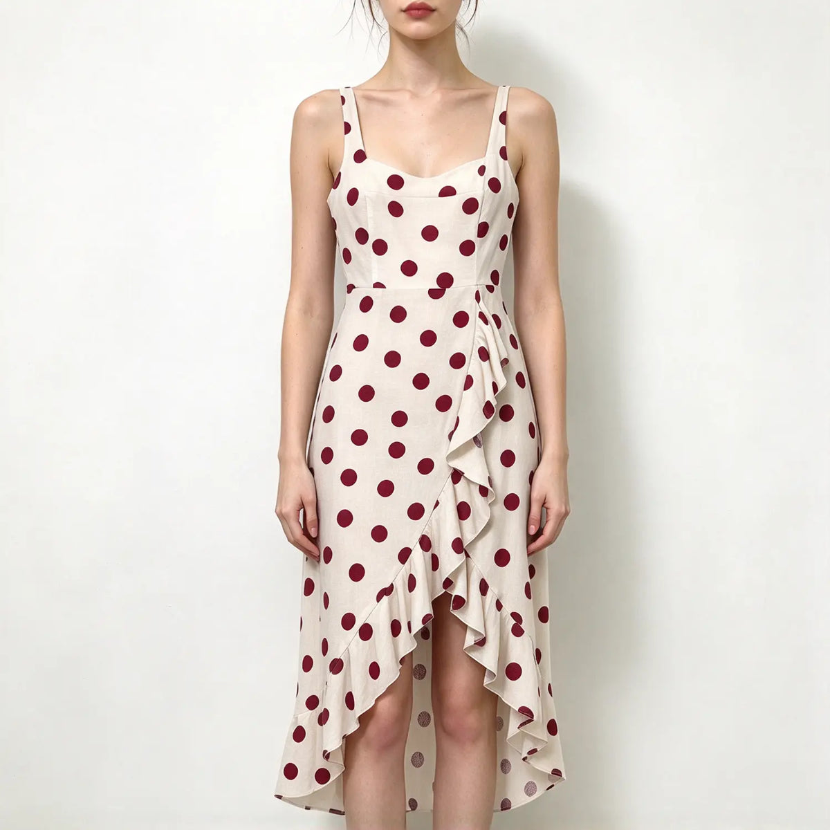 Model wearing cream burgundy polka dot sleeveless maxi dress, sweetheart neckline, asymmetrical ruffle hem, high slit