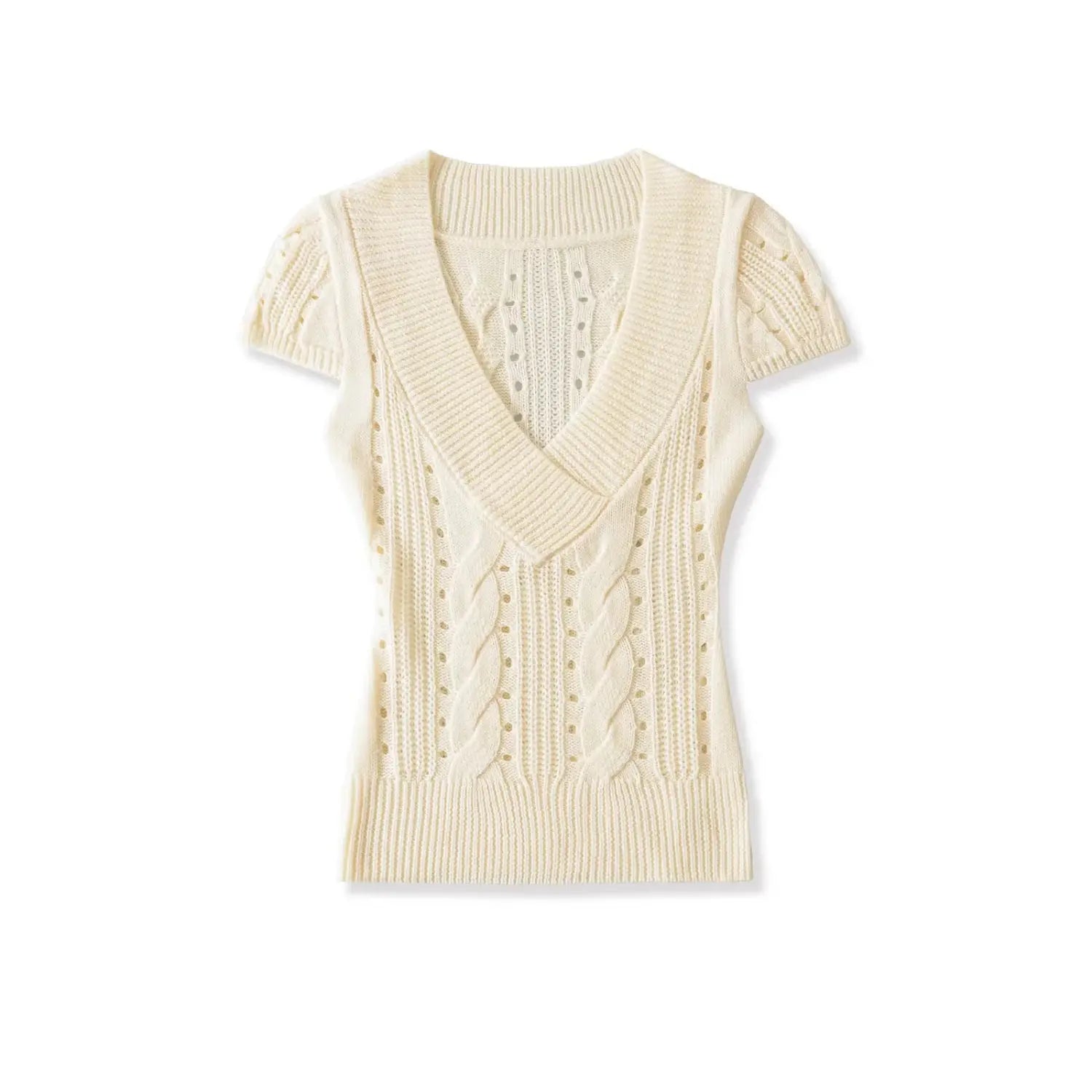 Cream hollow cable knit ribbed trim women fitted v neck short sleeve knit top front full product image