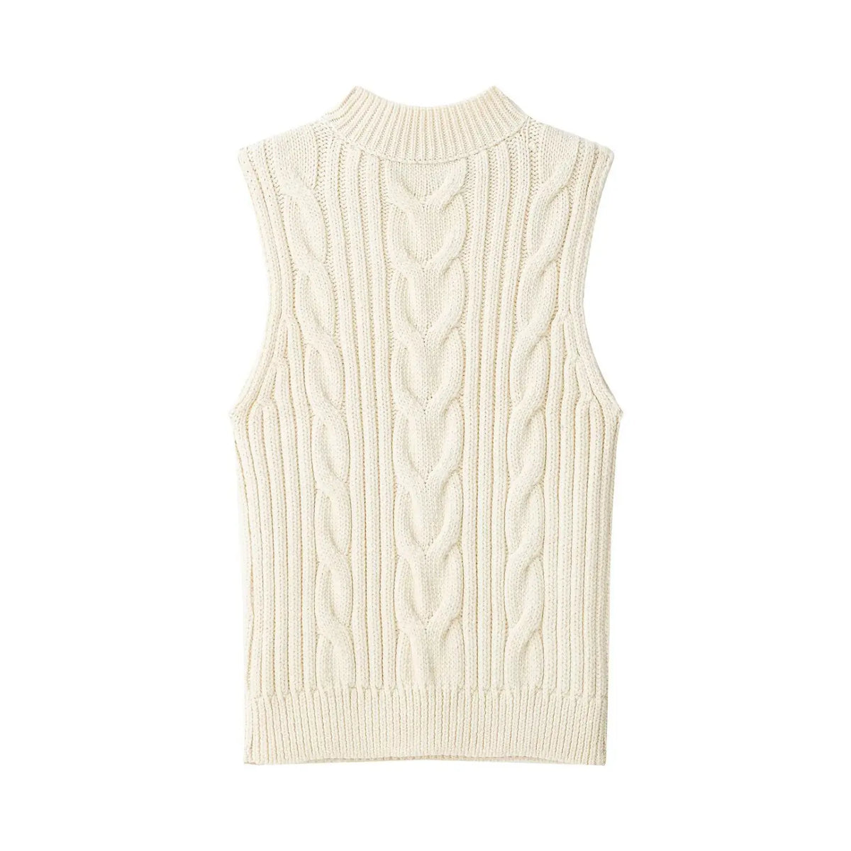Back flat lay of cream cable knit mock neck cutout vest top