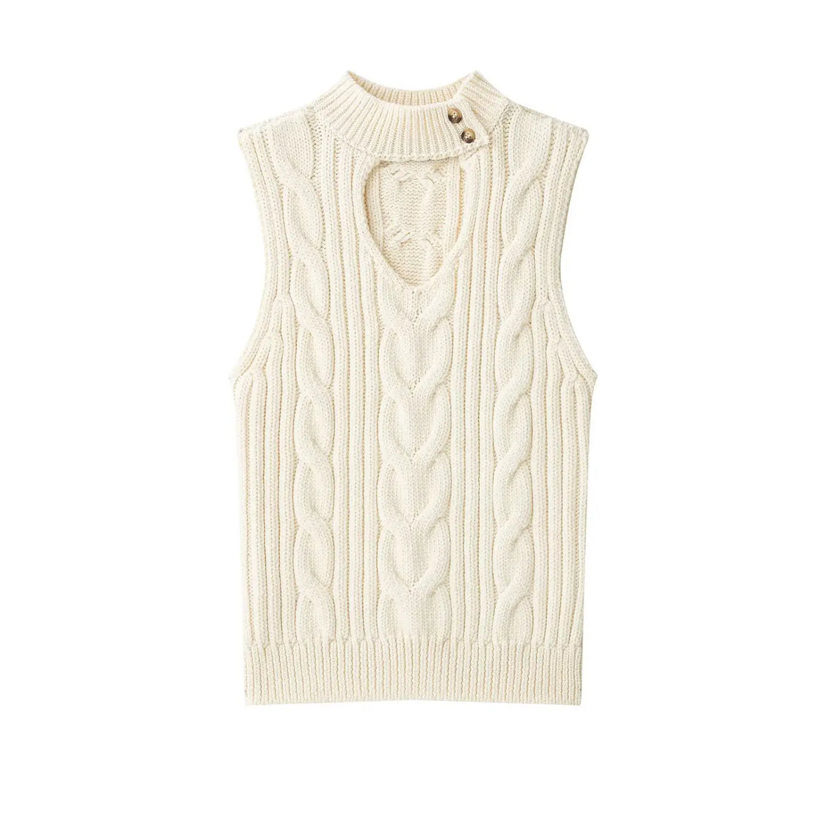 Front flat lay of cream cable knit mock neck cutout vest top