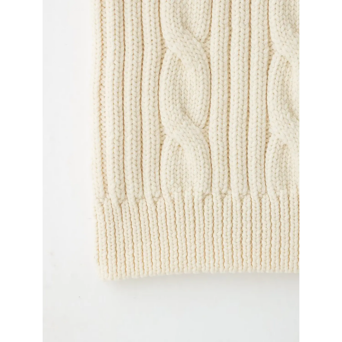 Close-up of ribbed hem and cable knit texture