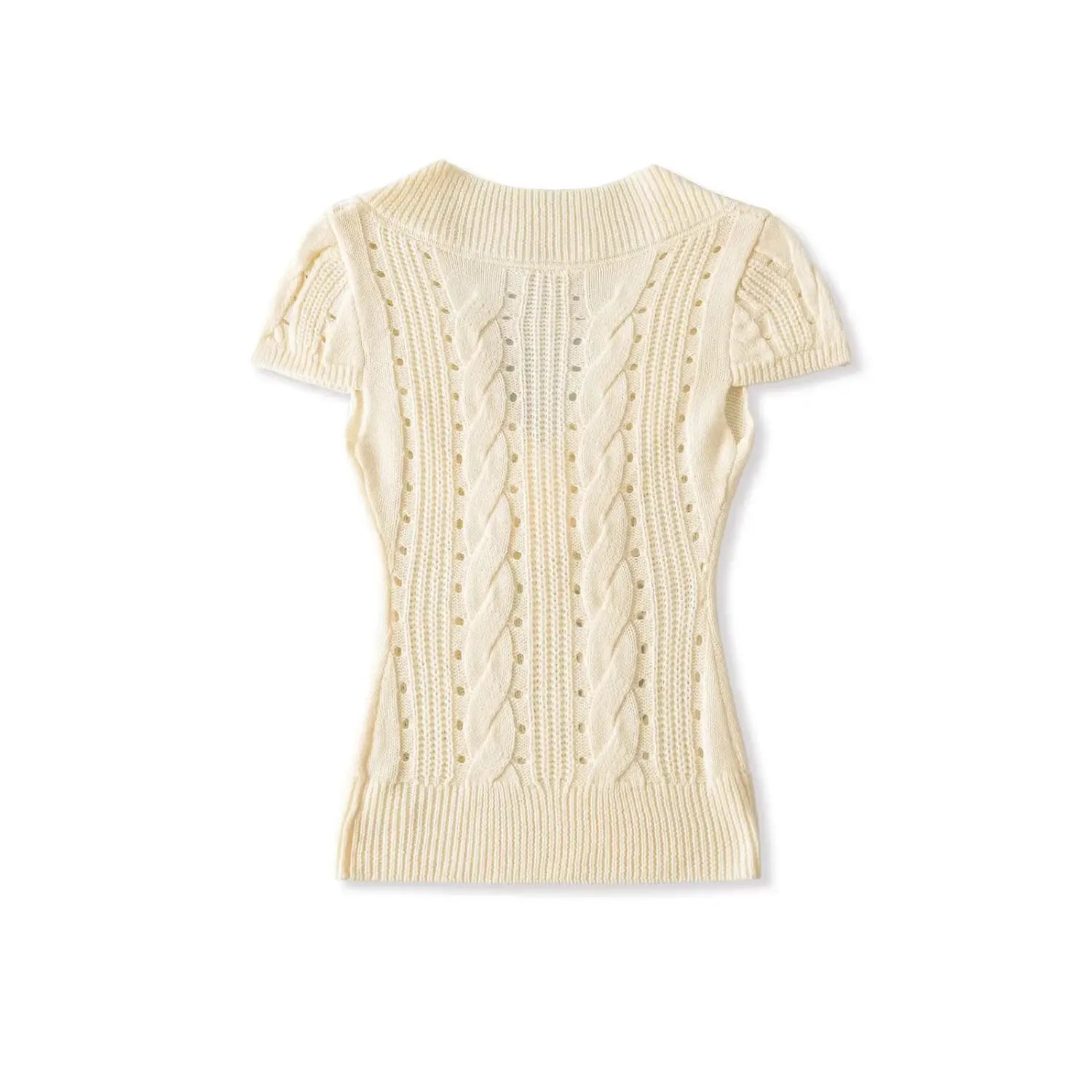 Cream hollow cable knit women slim fit short sleeve knit top back full view studio white background
