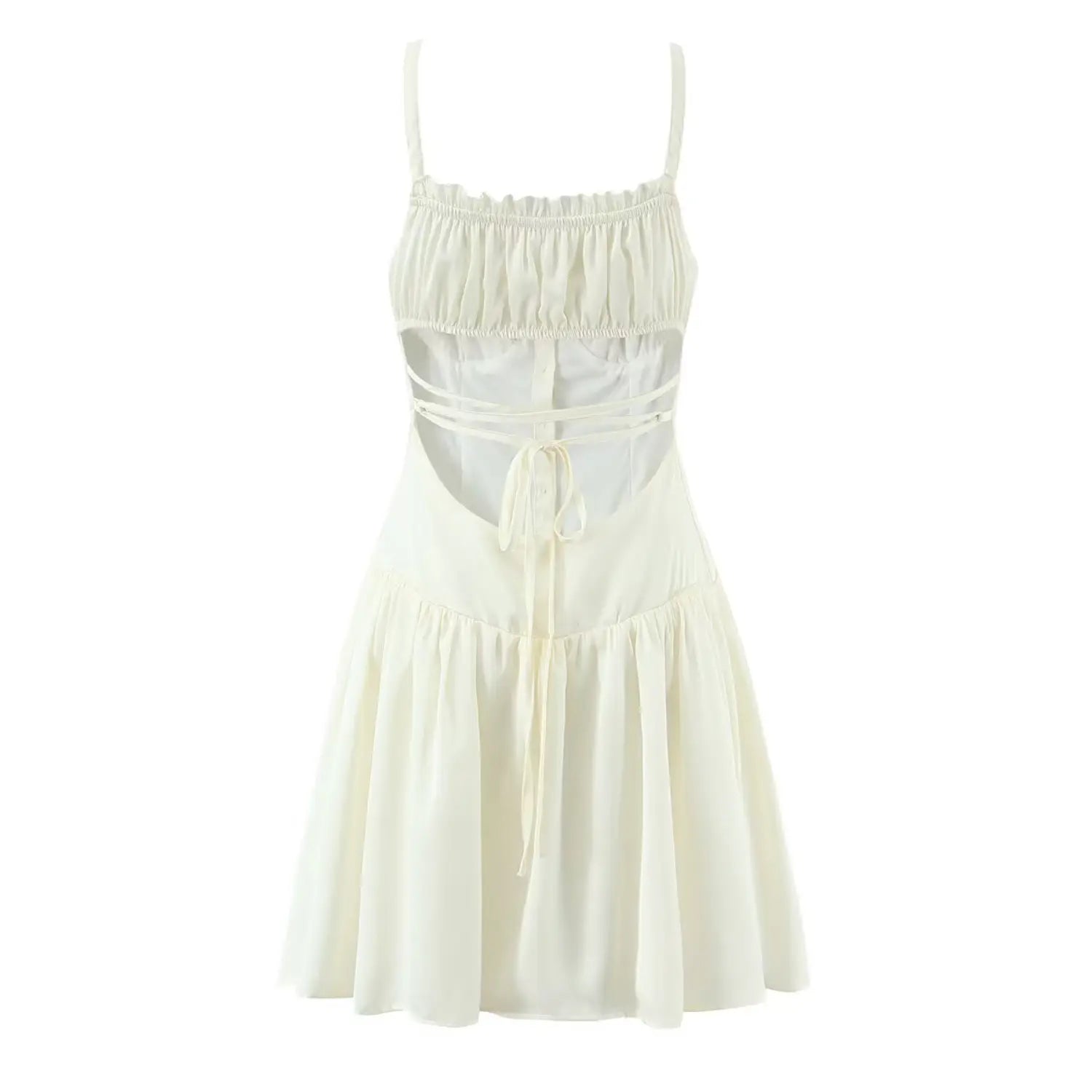 Back view cream cami mini dress open back crisscross lace‑up tie detail elastic ruffle upper back