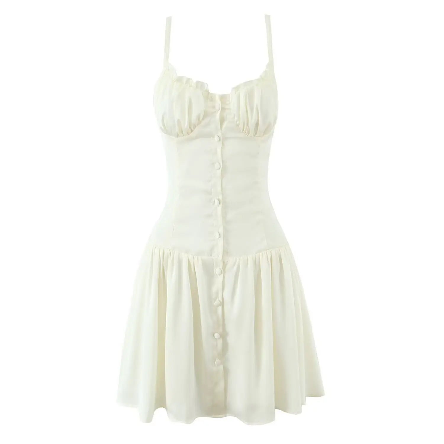 White background front view cream cami mini dress ruffle neck front button down ruched bust flared skirt