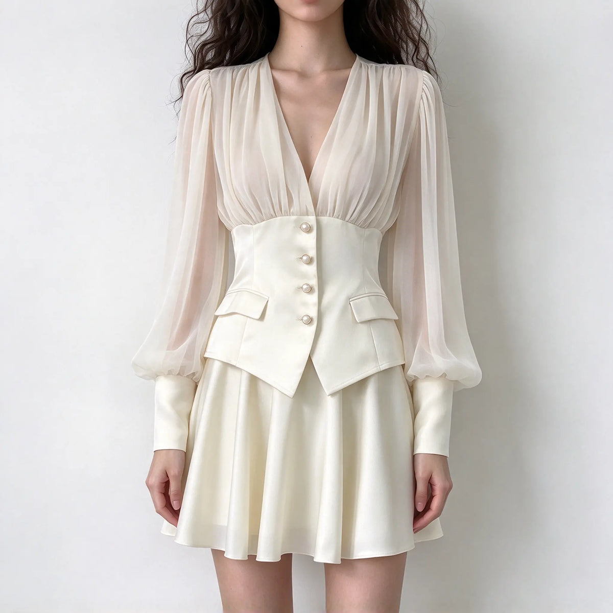 Model wearing cream chiffon bodice pearl button waist mini dress, front view