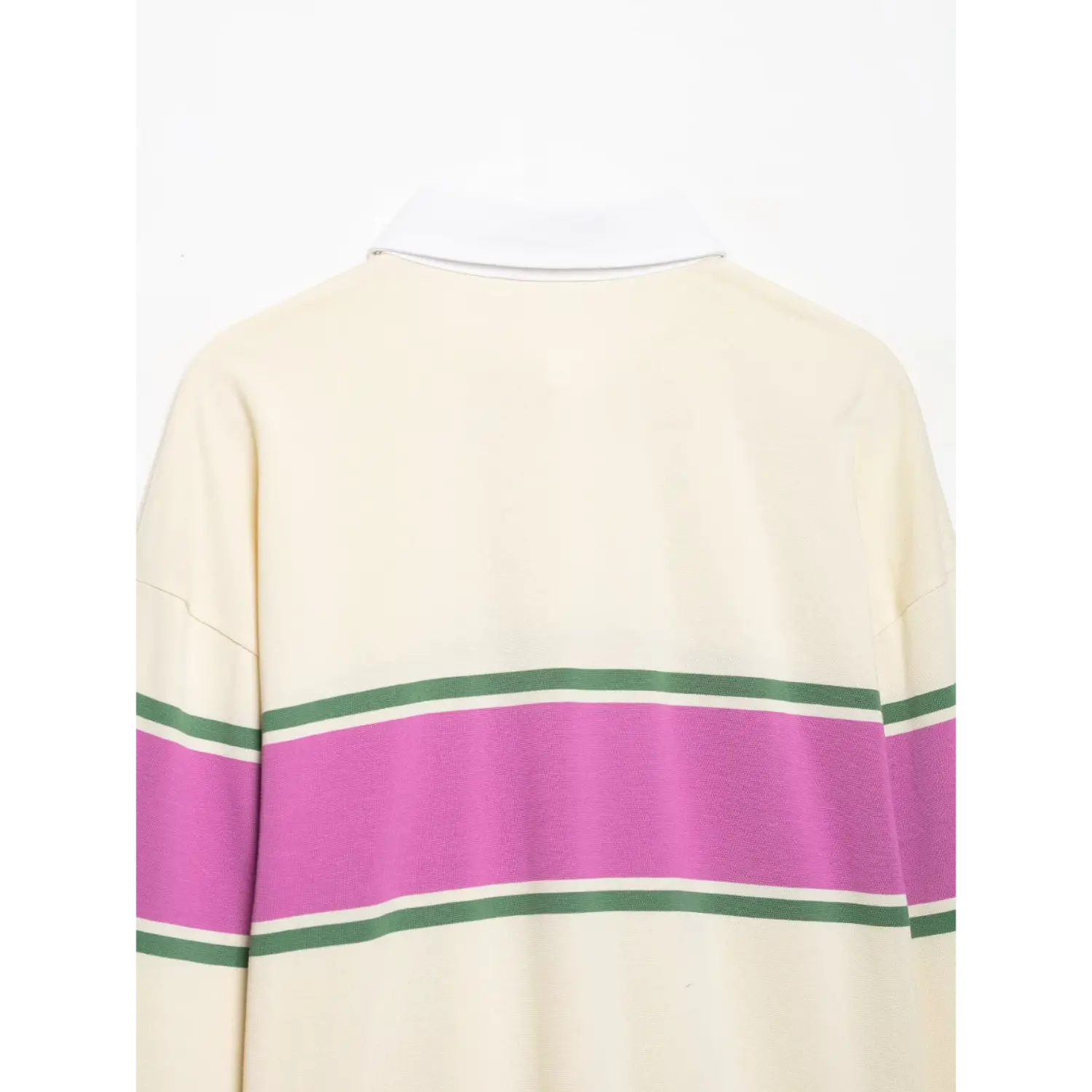 Flat lay back view cream long sleeve rugby polo shirt with pink and green horizontal stripe pattern