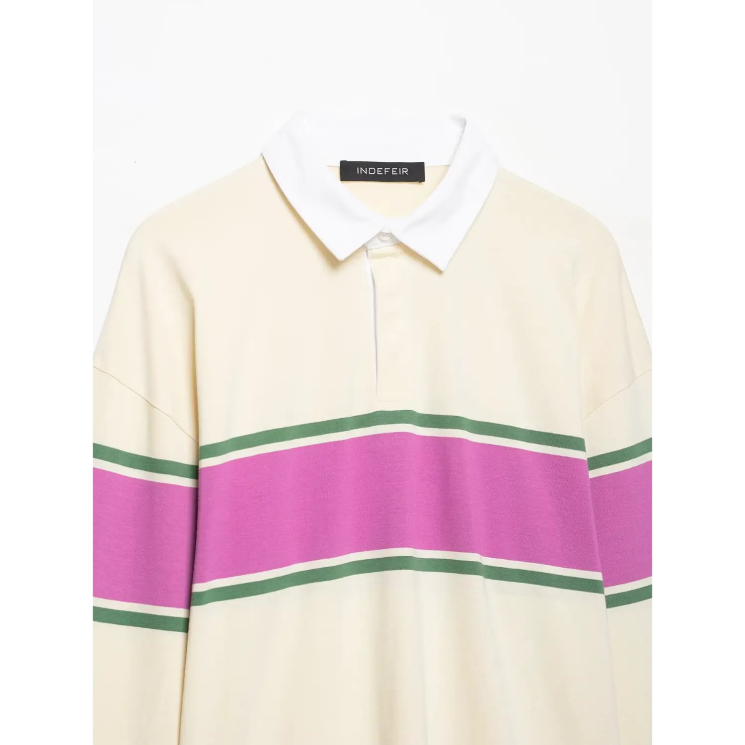 Flat lay front view cream rugby polo shirt with white collar pink and green horizontal stripe and inner brand tag