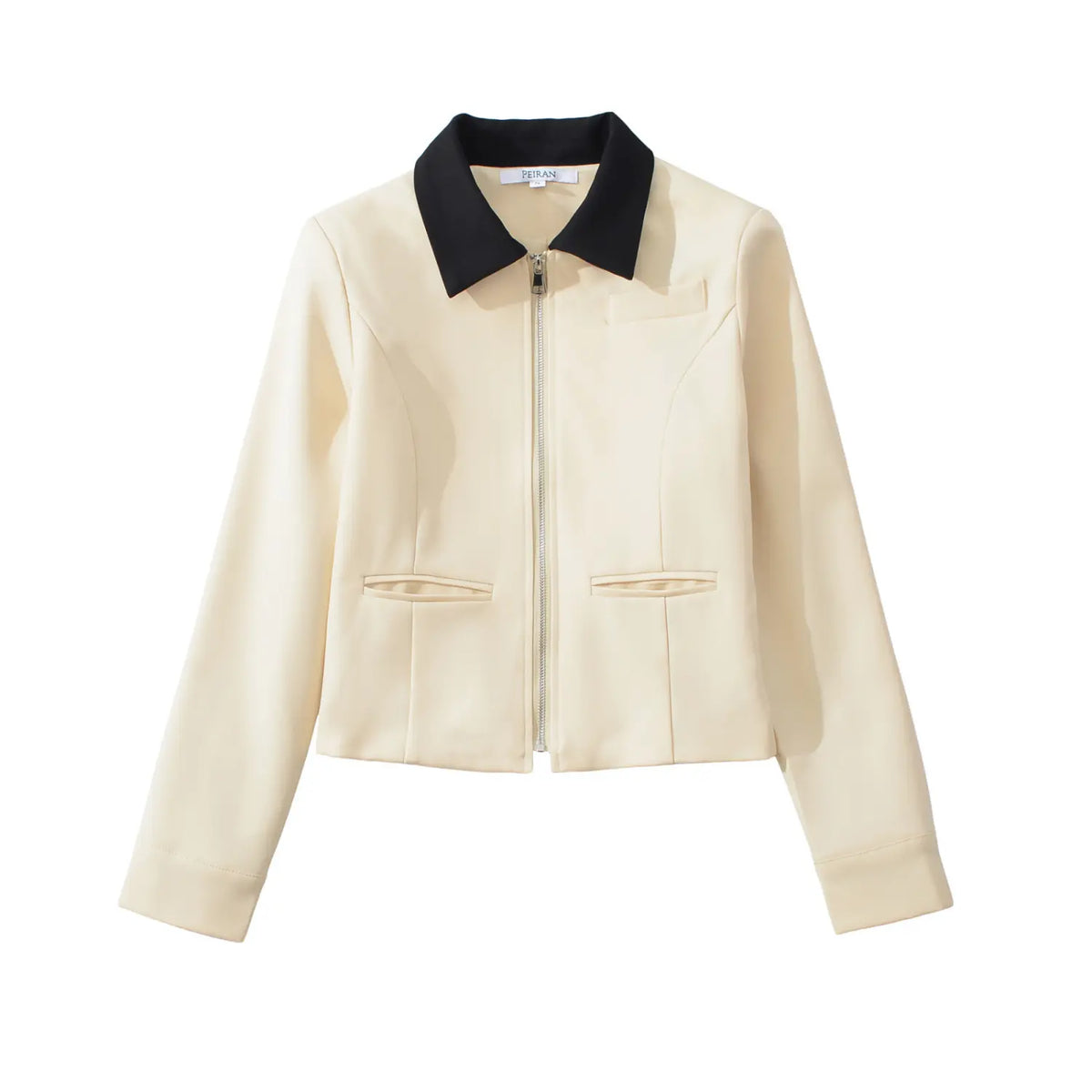 Cream contrast collar zip front cropped jacket, front flat lay
