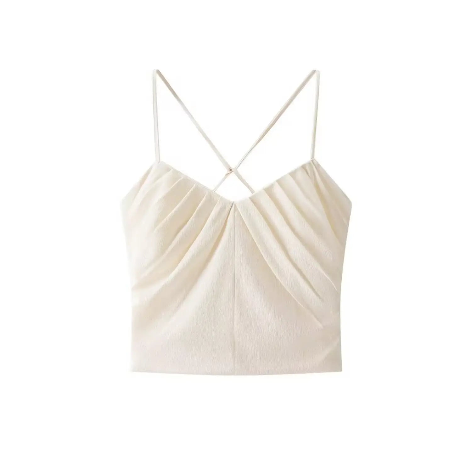 Cream ruched v neck crisscross back strap camisole cropped top front view