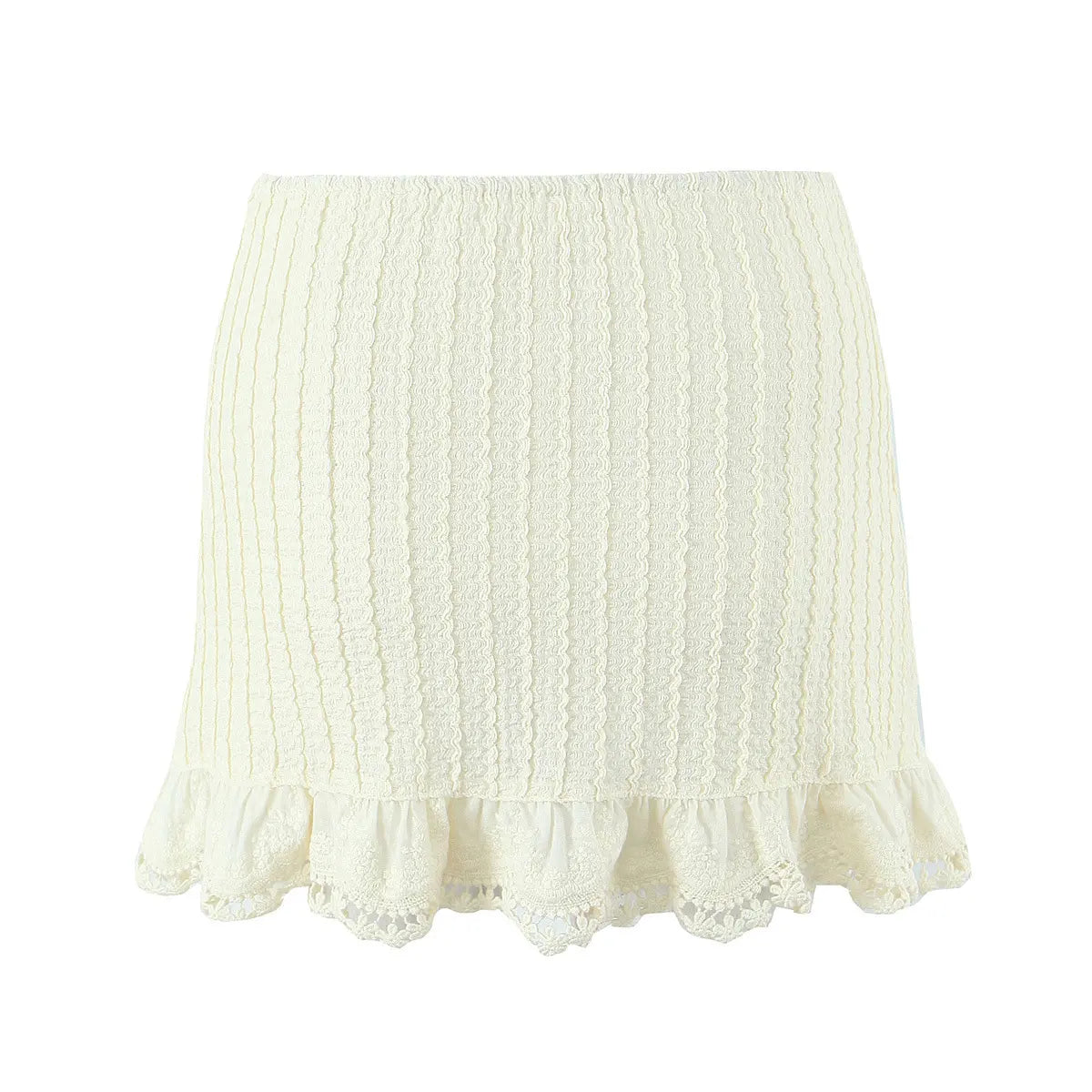 Cream crochet lace mini skirt with ruffled hem, full view on white background