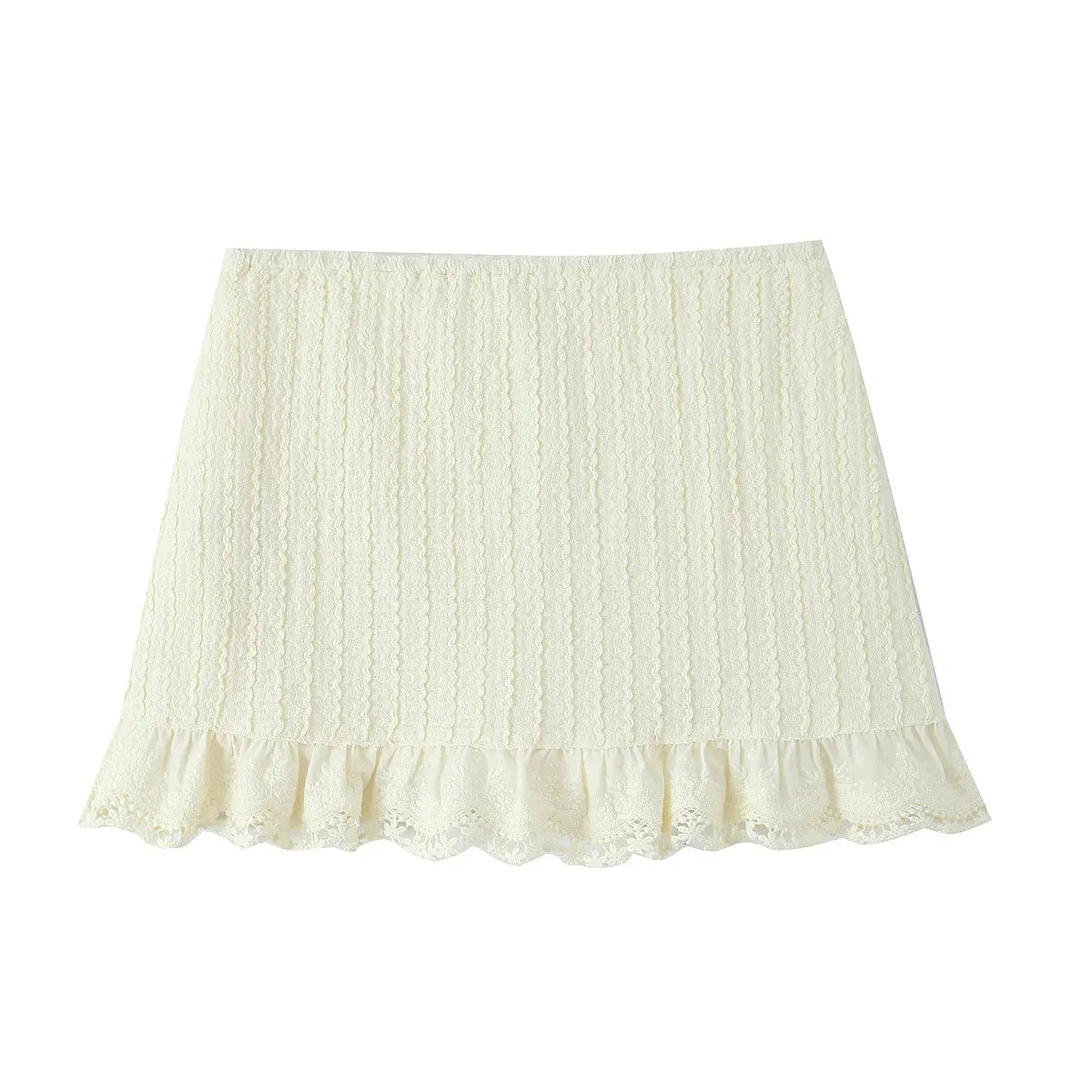 Cream crochet lace mini skirt, simple front view on white background