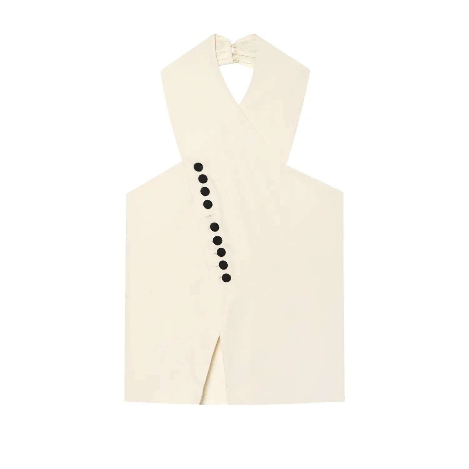 Front flat lay cream cross halter sleeveless top with vertical black buttons on white background